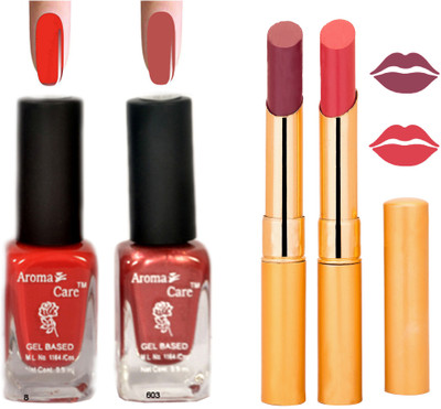 Aroma Care Black Cap Nail Polish RHYTHM Orange Lipstick Combo 082(Set of 4)