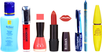 

Rythmx Glorious Red Lipstick Baby Pink Nail Polish Remover Black EyeLiner Sindoor Turquoise Blue Kajal Maskara 46(Set of 7)