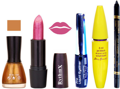 

Rythmx Shimmer Maznata Lipstick Glitter Gold Nail PolishWith Black EyeLiner Zed Black Kajal and Volumisant Express MasCara AA(Set of 5)