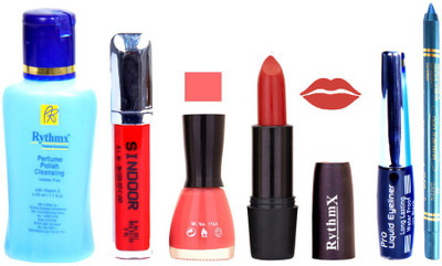 

Rythmx Glorious Red Lipstick Baby Pink Nail Polish Remover Eye Liner Sindoor Turquoise Blue Kajal Combo Kit 8943(Set of 6)