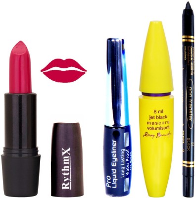 

Rythmx Bright Mazanta Lipstick Bold Look Eyeliner Black kajal Magnum Beauty Maskara Kit 10107(Set of 4)