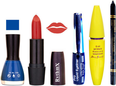

Rythmx Peach Lipstick BlueNail Polish Redish With Black EyeLiner Zed Black Kajal and Volumisant Express MasCara E(Set of 5)