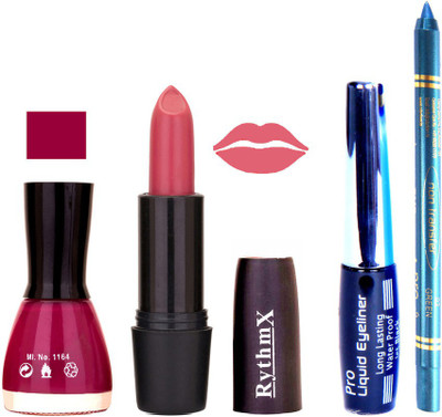 

Rythmx Mazanta Nail Polish Peach Lipstick With Eyeliner and Pro Non Transfer Blue Kajal 580137(Set of 4)
