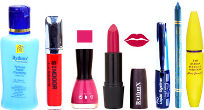 

Rythmx BROWN Lipstick PINK Nail Polish Remover Eye Liner Sindoor Pro Non Transfer Turquoise Blue Kajal Maskara Color Bomb Kit 1831(Set of 7)