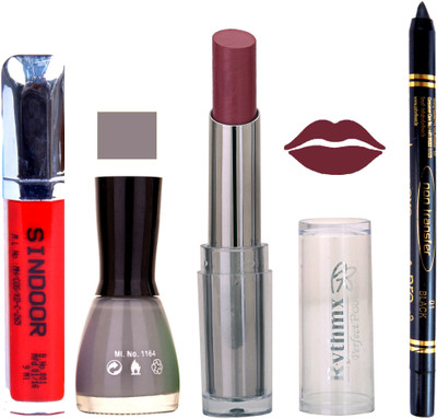 

Rythmx Lipstick Sindoor,Nail Polish,Black Kajal Makeup Pack Combo 629(Set of 4)
