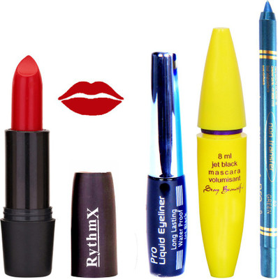 

Rythmx Red Lipstick Bold Look Eyeliner Non Pro Transfer Turqoise Blue Kajal Jet Black Volumisant Mascara Kit 30332(Set of 4)