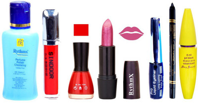 

Rythmx Shimmer Pink LipstickBright Red Nail Polish Remover Eye Liner Sindoor Pro Non Transfer Black Kajal Maskara Combo Kit 2830(Set of 7)