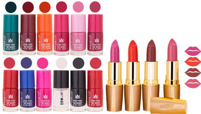

Aroma Care 12 Piece Vibrant Color Nail Polish Combo Set With 4 Rythm Creamy Matte Lipstick Combo 156(Set of 16)