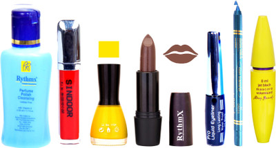 

Rythmx Brown Lipstick Yellow Nail Polish Remover Eye Liner Sindoor Pro Non Transfer Turquoise Blue Kajal Maskara Color Bomb Kit 1803(Set of 7)
