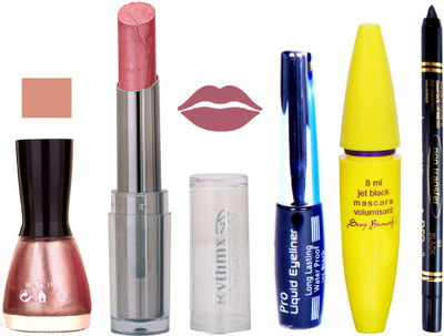 

Rythmx Intense Matte Shimmer Light Shade Lipstick, Shimmer Voilet Nail Polish,Black Eyeliner,Mascara, And Stay On Black Kajal 7320(Set of 5)