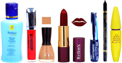 

Rythmx Lipstick ,Polish Remover, Sindoor, Nail Polish,EyeLiner,Black Kajal, Mascara, Makeup kit Combo 14123(Set of 7)