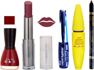 

Rythmx Intense Matte Purple Shade Lipstick, Cherry Red Nail Polish,Black Eyeliner,Mascara, And Stay On Black Kajal 7316(Set of 5)
