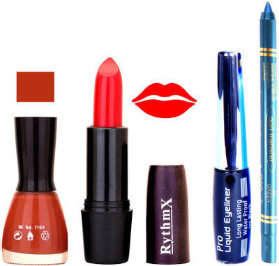 

Rythmx Orangy Brown Nail Polish Fantasy Orange Lipstick With Eyeliner and Pro Non Transfer Blue Kajal 580114(Set of 4)
