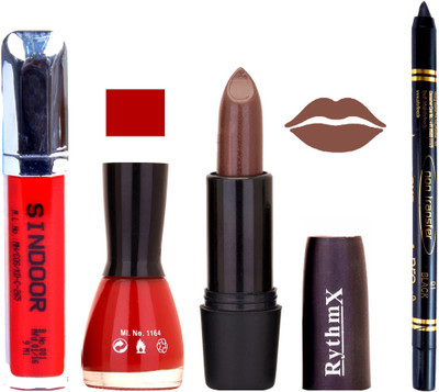 

Rythmx Brown Lipstick Cherry red Nail Polish Non Transfer Black kajal Sindoor 172(Set of 4)