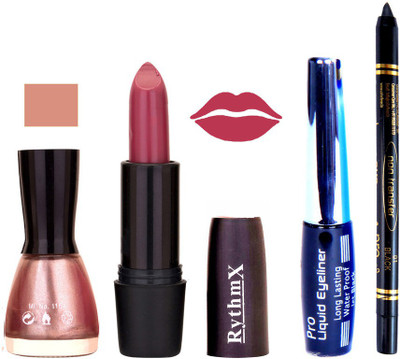 

Rythmx Shimmer Grey Light Pink Shades Nail Polish Pinkish Purple Lipstick With Eyeliner and Pro Non Transer Black Kajal 68107(Set of 4)