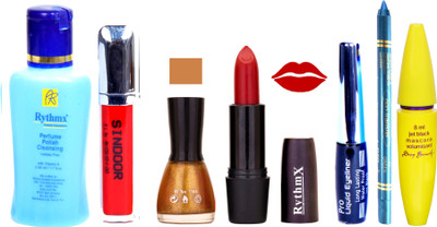 

Rythmx Red Lipstick Gold Nail Polish Remover Eye Liner Sindoor Pro Non Transfer Turquoise Blue Kajal Maskara Color Bomb Kit 1845(Set of 7)