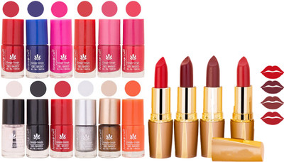 

Aroma Care 12 Piece Vibrant Color Nail Polish Combo Set With 4 Rythm Creamy Matte Lipstick Combo 150(Set of 16)