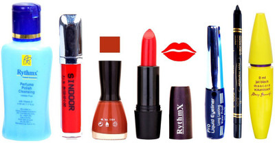 

Rythmx Orange Lipstick Light Brown Nail Polish Remover Eye Liner Sindoor Black Kajal Maskara 51(Set of 7)
