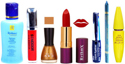

Rythmx Lipstick ,Polish Remover, Sindoor, Nail Polish,EyeLiner,Turqoise Blue Kajal, Mascara, Makeup kit Combo 14039(Set of 7)