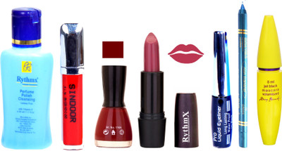 

Rythmx Purple Lipstick Maroon Nail Polish Remover Eye Liner Sindoor Pro Non Transfer Turquoise Blue Kajal Maskara Color Bomb Kit 1834(Set of 7)