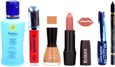 

Rythmx Browny Peach Lipstick Musted Nail Polish Remover Eye Liner Sindoor Black Kajal Combo Kit 9862(Set of 6)
