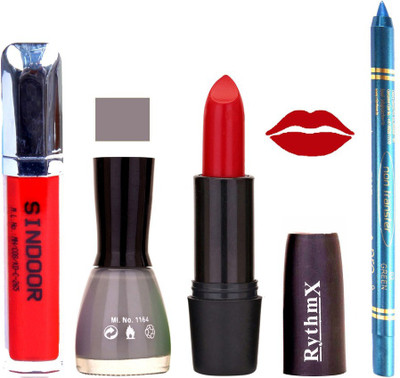 

Rythmx RED Lipstick GRAY Shade Nail Polish Sindoor and Non Pro Transfer Turquoise Blue Kajal Combo kit 9953(Set of 4)