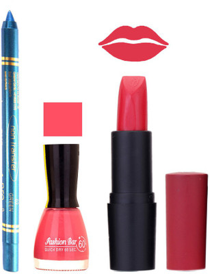 

Fashion Bar Nail Polish , otg Lipstick , Turquoise Blue Kajal Combo105(Set of 3)