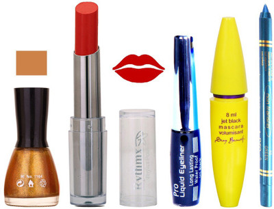 

Rythmx Intense Matte Red Shade Lipstick, Glitter Gold Nail Polish,Black Eyeliner,Mascara, And Turquoise Blue Kajal 622(Set of 5)