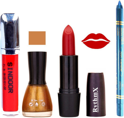 

Rythmx Mauvish Red Lipstick Glitter Gold Shade Nail Polish Sindoor and Non Pro Transfer Turquoise Blue Kajal Combo kit 9941(Set of 4)