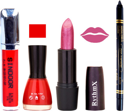 

Rythmx Shimmer Purple Lipstick Red Nail Polish Non Transfer Black kajal Sindoor 158(Set of 4)