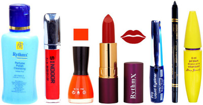 

Rythmx Lipstick ,Polish Remover, Sindoor, Nail Polish,EyeLiner,Black Kajal, Mascara, Makeup kit Combo 14074(Set of 7)