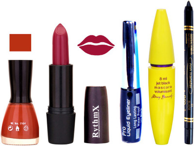 

Rythmx Mauve Lipstick Light Brown Nail Polish With Black EyeLiner Zed Black Kajal and Volumisant Express MasCara U(Set of 5)