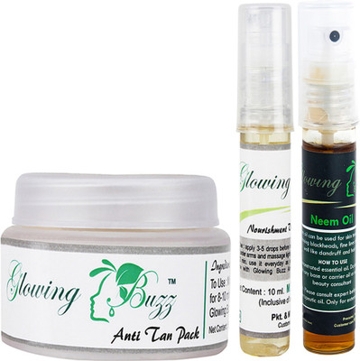 

Glowing Buzz Combo of 1 Natural Anti Tan Pack for Face, Dark Under Arms and Hands, 1 Nourishment Vitamin E Oil and 1 Neem Essential Oil(Set of 3)