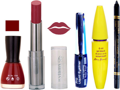 

Rythmx Intense Matte Mauve Shade Lipstick, Cherry Red Nail Polish,Black Eyeliner,Mascara, And Stay On Black Kajal 7315(Set of 5)