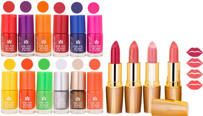 

Aroma Care 12 Piece Vibrant Color Nail Polish Combo Set With 4 Rythm Creamy Matte Lipstick Combo 128(Set of 16)