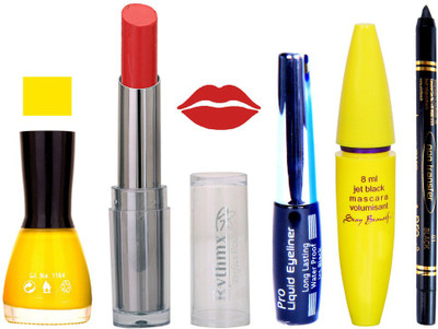 

Rythmx Intense Matte Red Delight Shade Lipstick, Yellow Nail Polish,Black Eyeliner,Mascara, And Stay On Black Kajal 7286(Set of 5)