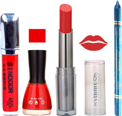 Rythmx Lipstick Sindoor,Nail Polish,Turquois Blue Kajal Makeup Pack Combo 588(Set of 4)