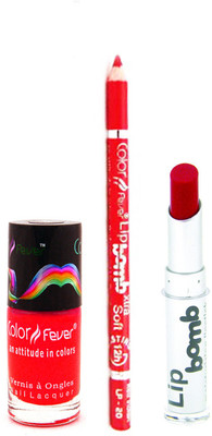 

Color Fever Red Lip Bomb Lipstick + Lip Liner+Nail Polish Combo 240320183(Set of 3)