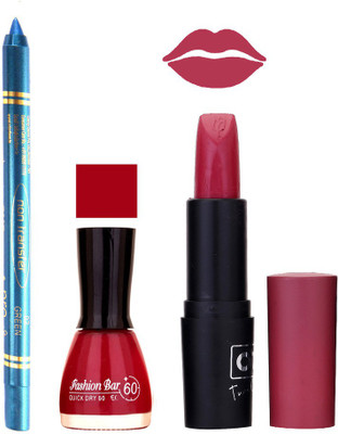 

Fashion Bar Nail Polish , otg Lipstick , Turquoise Blue Kajal Combo50(Set of 3)