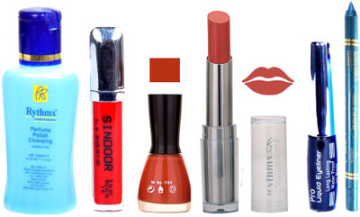 Rythmx Lipstick And Nail Polish + Eyliner + Sindoor + Remover + Kajal Makeup Combo Pack(Set of 6)