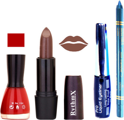 

Rythmx Bright Red Nail Polish Coffee Brown Lipstick With Eyeliner and Pro Non Transfer Blue Kajal 580104(Set of 4)
