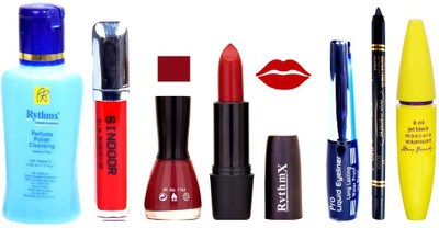 

Rythmx Mauvish Red Lipstick Maroon Nail Polish Remover Eye Liner Sindoor Black Kajal Maskara 50(Set of 7)