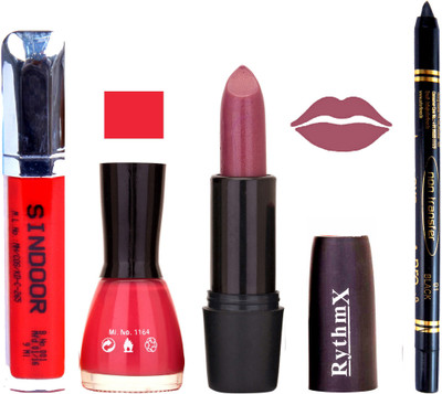 

Rythmx Shimmer Purple Lipstick Dark Pink Nail Polish Non Transfer Black kajal Sindoor 138(Set of 4)