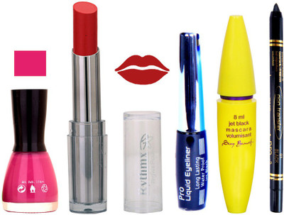 

Rythmx Intense Matte Reviving red Shade Lipstick, Voilet Purple Nail Polish,Black Eyeliner,Mascara, And Stay On Black Kajal 7305(Set of 5)