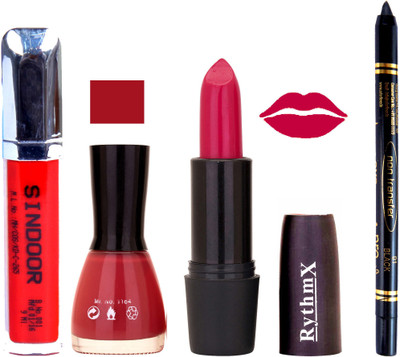 

Rythmx Bright Mazanta Lipstick Mauvish Nail Polish Non Transfer Black kajal Sindoor 171(Set of 4)