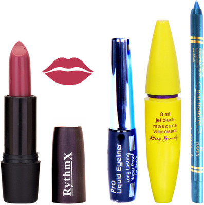

Rythmx Apricot Purple Lipstick Bold Look Eyeliner Non Pro Transfer Turqoise Blue Kajal Jet Black Volumisant Mascara Kit 30300(Set of 4)
