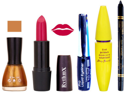 

Rythmx Bright Mazanta Lipstick Glitter Gold Nail Polish With Black EyeLiner Zed Black Kajal and Volumisant Express MasCara WX(Set of 5)