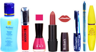 

Rythmx Gajri Red Lipstick Voilet Purple Nail Polish Remover Eye Liner Sindoor Pro Non Transfer Turquoise Blue Kajal Maskara Color Bomb Kit 1811(Set of 7)
