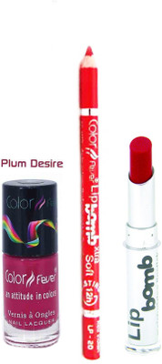 

Color Fever Red Lip Bomb Lipstick + Lip Liner+Nail Polish Combo 240320176(Set of 3)