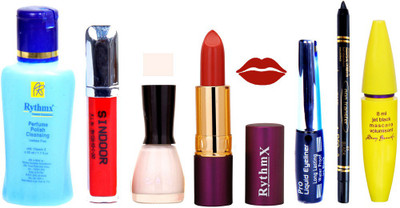 

Rythmx Lipstick ,Polish Remover, Sindoor, Nail Polish,EyeLiner,Black Kajal, Mascara, Makeup kit Combo 14063(Set of 7)